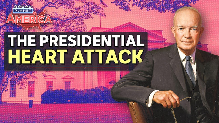 The Presidential Heart Attack, An old man in a chair looks at the camera with the White House in a red hue as a background.