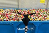 Lady laying in a skip filled with beer cans.