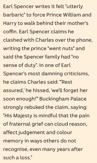 Earl Spencer claims Charles said we'll forget about Diana soon enough. The Palace strongly rebuked the claim.