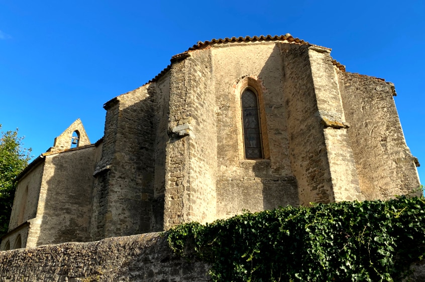 Photograph of the outside of a medieval church with a blue sky behind it and ivy on a wall in front.