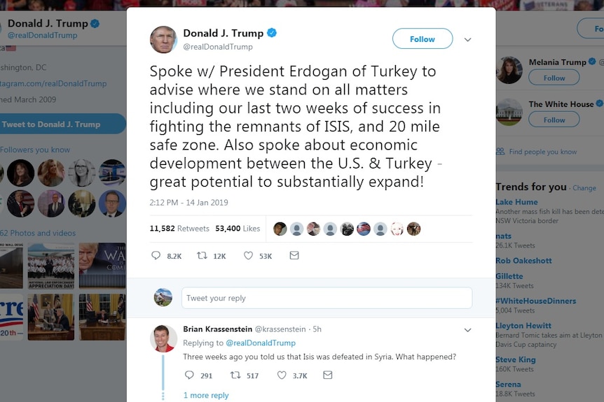 A screenshot of a Donald Trump tweet about Turkey with a reply from Brian Krassenstein.