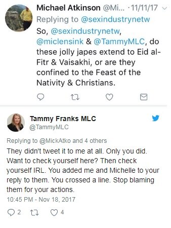 Tweets by SA state MPs Michael Atkinson and Tammy Franks.