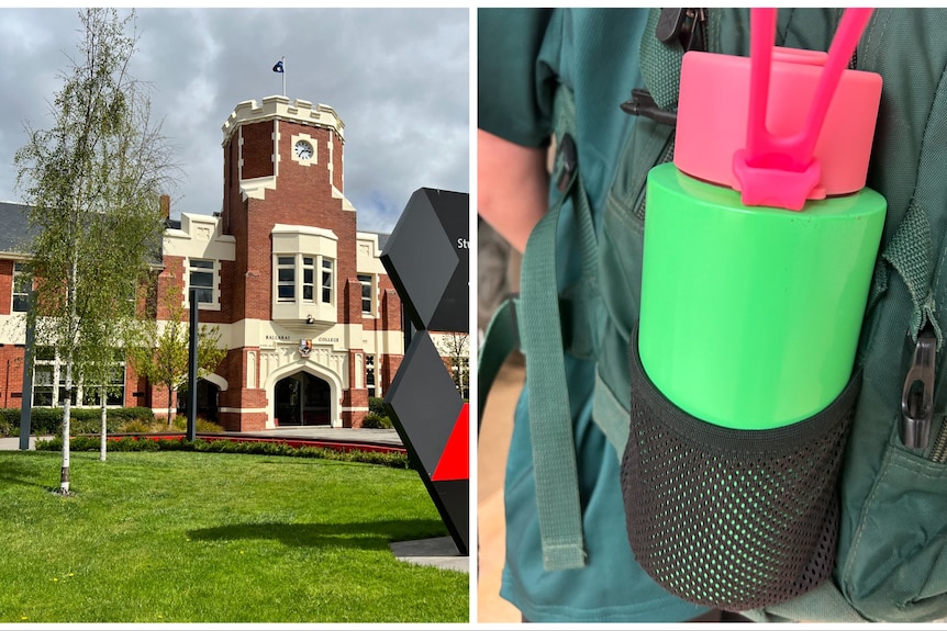A school building on the left and a water bottle on the right. 