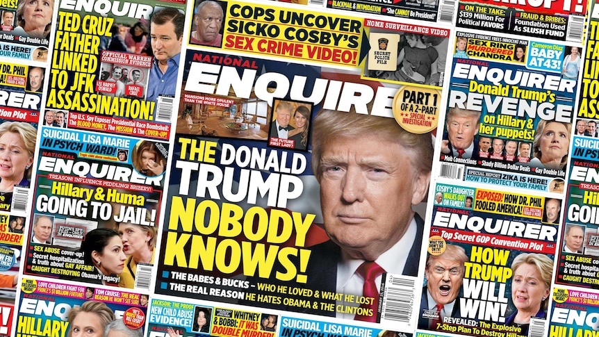A collage of front pages of the National Enquirer with headlines like 'How Trump Will Win!' and 'Hillary and Huma Going to Jail'