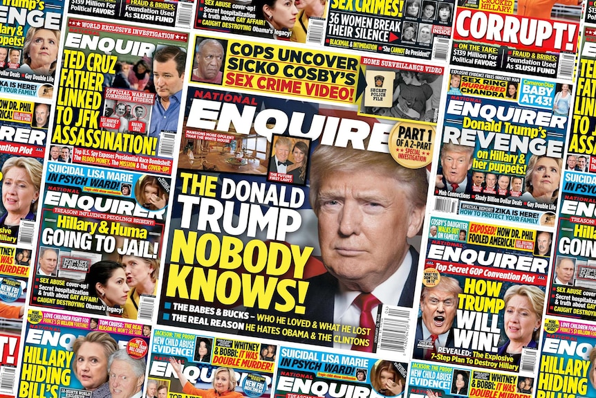 A collage of front pages of the National Enquirer with headlines like 'How Trump Will Win!' and 'Hillary and Huma Going to Jail'