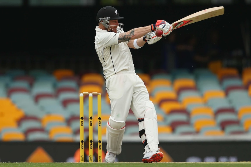 Brendon McCullum bats for New Zealand on day five at the Gabba