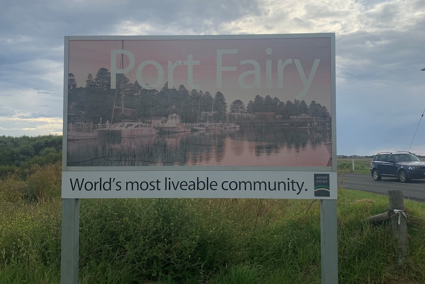 A sign touting Port Fairy as the "world's most liveable community".