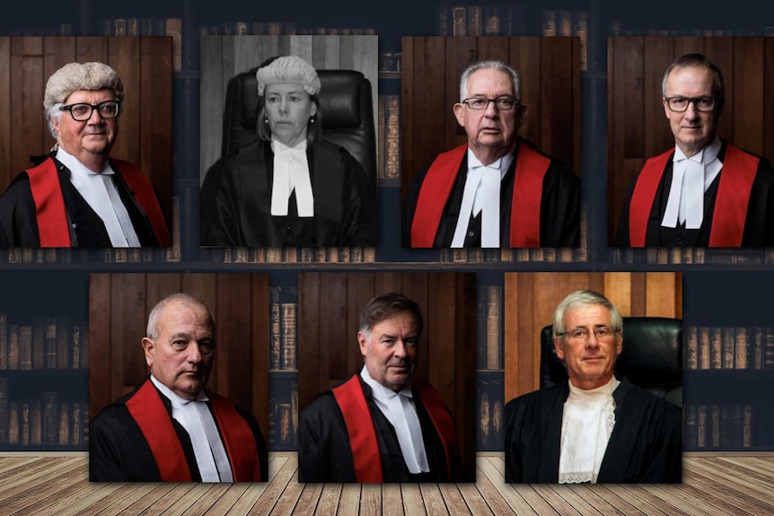 Photographic portraits of seven Tasmanian judges with a background of a library.