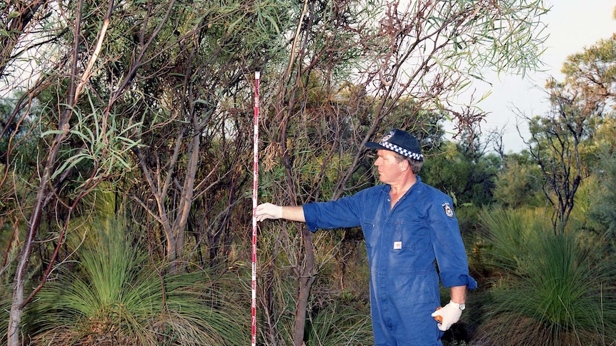 A police officer in blue overalls holds a measuring stick in bushland.