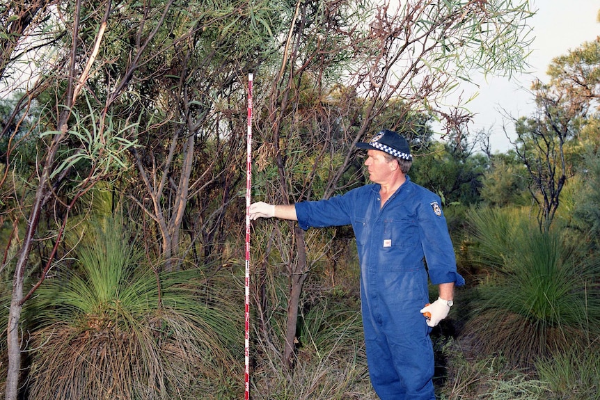 A police officer in blue overalls holds a measuring stick in bushland.