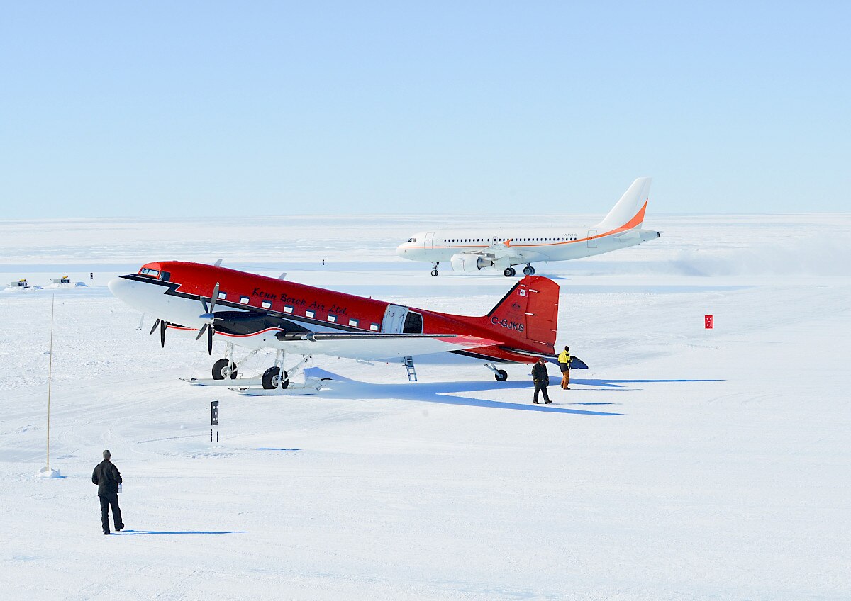 Two aeroplanes parked at Wilkins Aerodrome in Antarctica