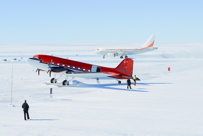 Two aeroplanes parked at Wilkins Aerodrome in Antarctica