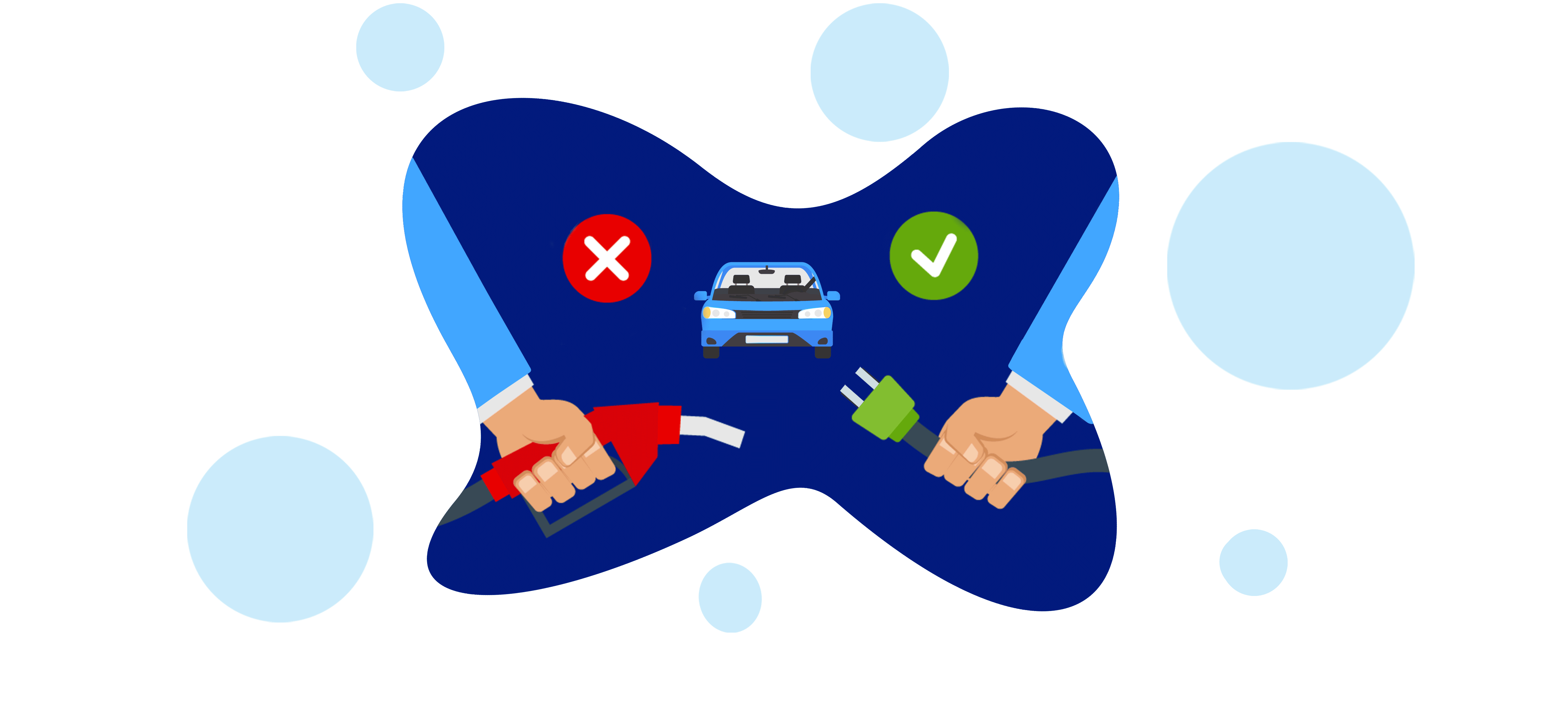 An illustration indicating a verdict of emissions between petrol cars and electric vehicles 