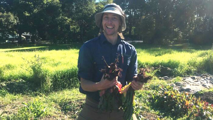 David Sivyer stands in a paddock holding vegetables.