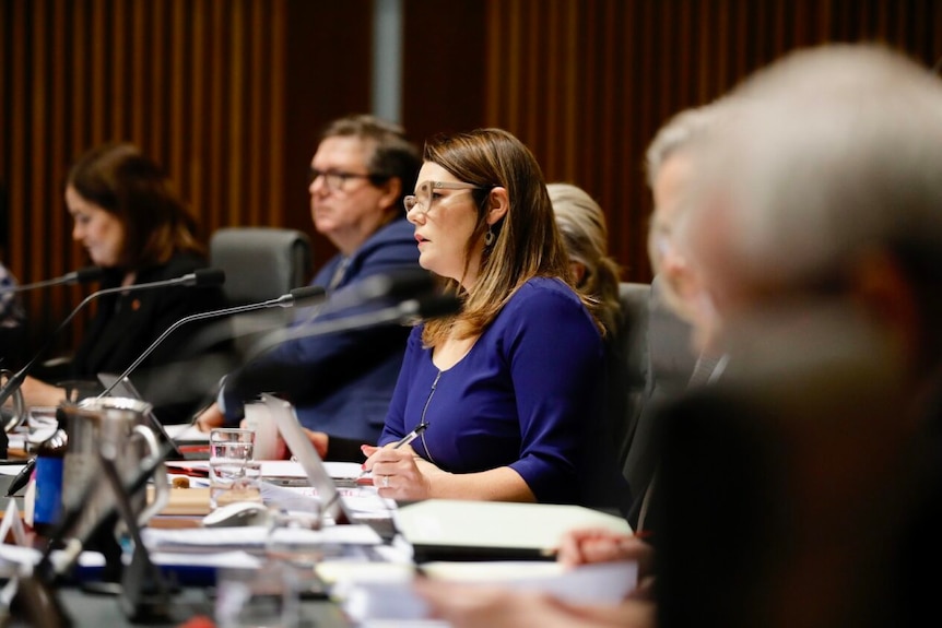 A woman (Sarah Hanson-Young) looks towards the Optus CEO from a panel 