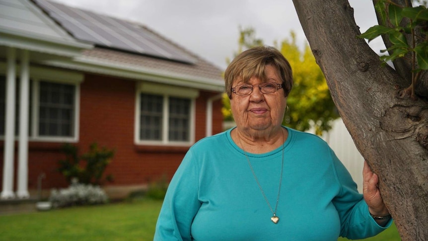 Marianne Hunn, wearing a green-blue top, standing in front of her house, which has solar panels on the roof.