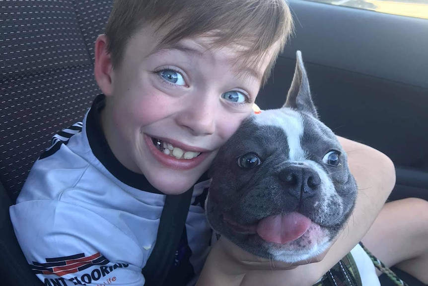A young boy grins and hugs a dog in the seat of a car.