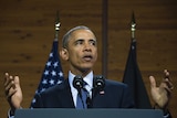 Barack Obama speaks during his visit to Hanover, Germany