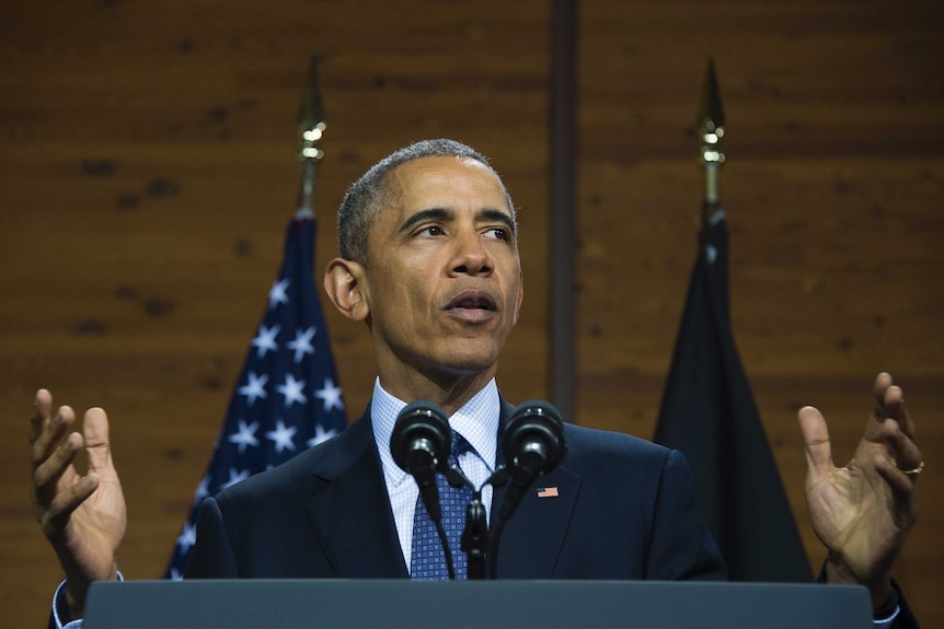 Barack Obama speaks during his visit to Hanover, Germany