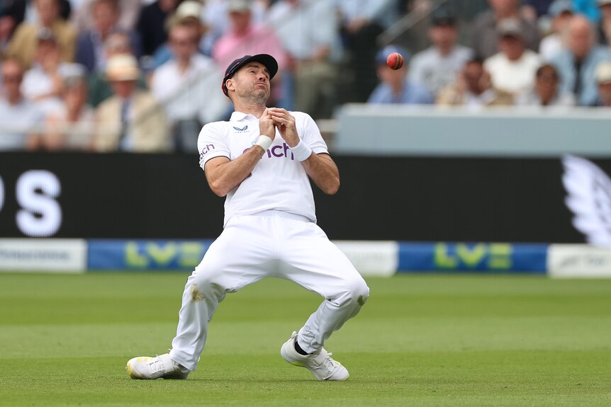 Jimmy Anderson falls backward while catching a ball