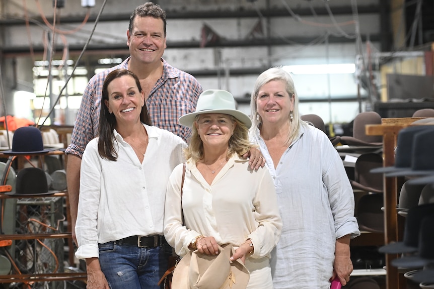 Nicola Forrest, Stephen Keir IV and his sisters Nikki McLeod and Stacey McIntyre inside the Kempsey Akubra factory. 