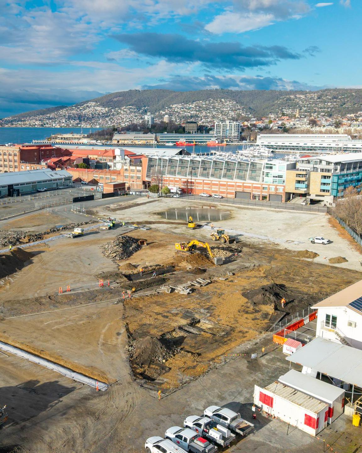 Aerial view of earthworks at a construction site.