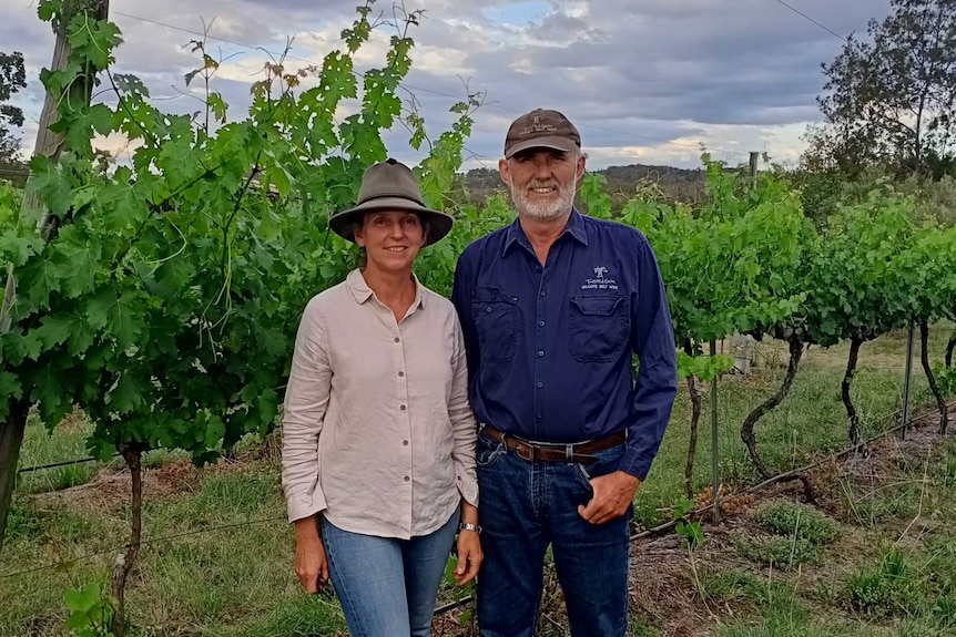 A man and woman smile with vineyard behind them.