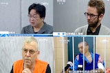 A composite image of screenshots from four men confessing to crimes on state TV in China