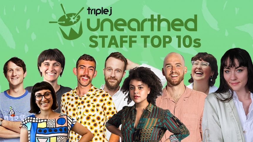 Individual images of the nine triple j Unearthed team members in front of a green patterned background.