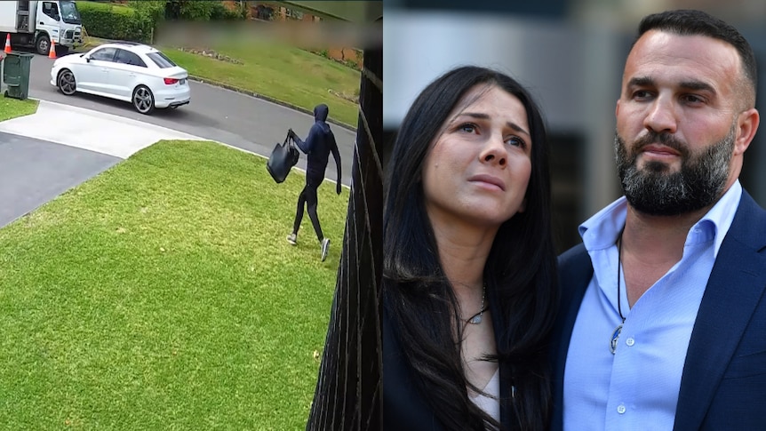  a man wearing black carrying a bag walks on grass towards a car, a woman and a man looking.