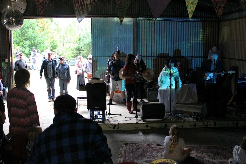 One of the bands playing in a shed during the 40th anniversary celebrations at Cowsnest Community Farm