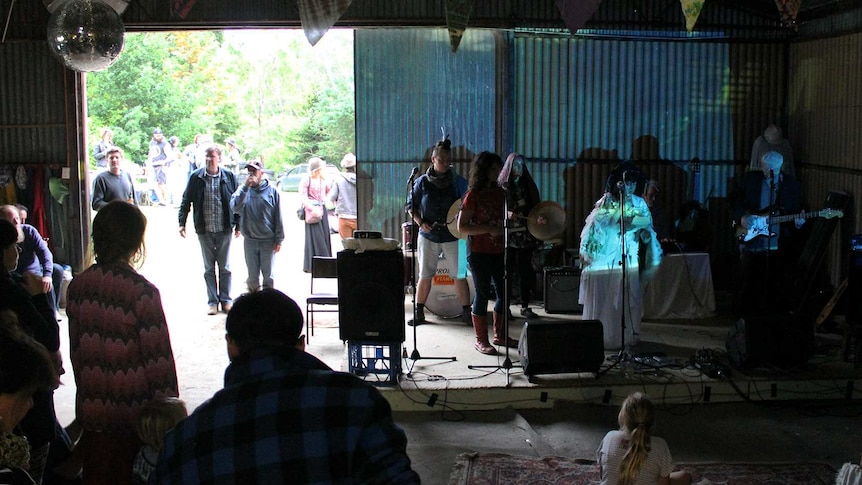 One of the bands playing in a shed during the 40th anniversary celebrations at Cowsnest Community Farm