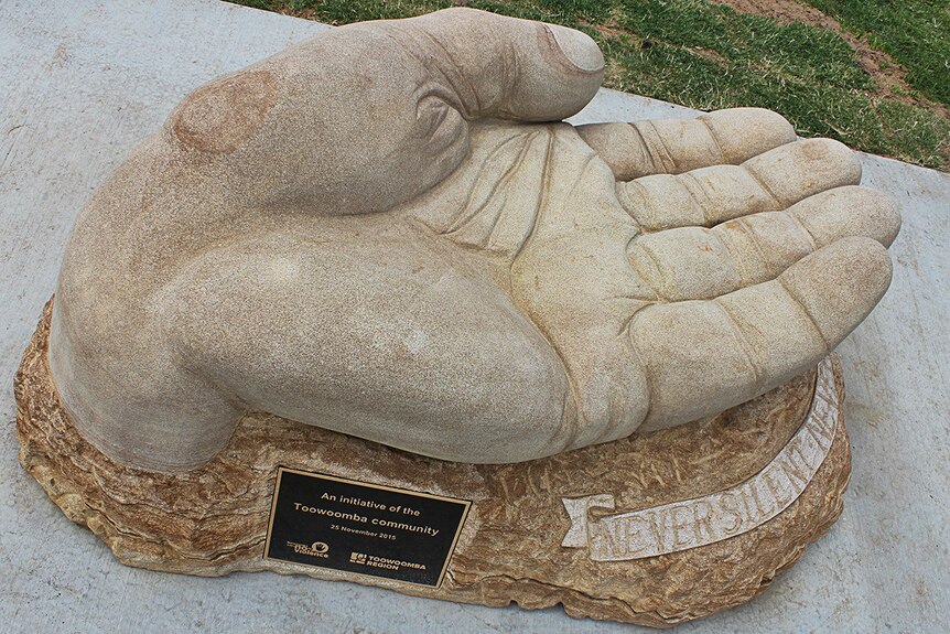 Monument of an open hand in Clewley Park Toowoomba