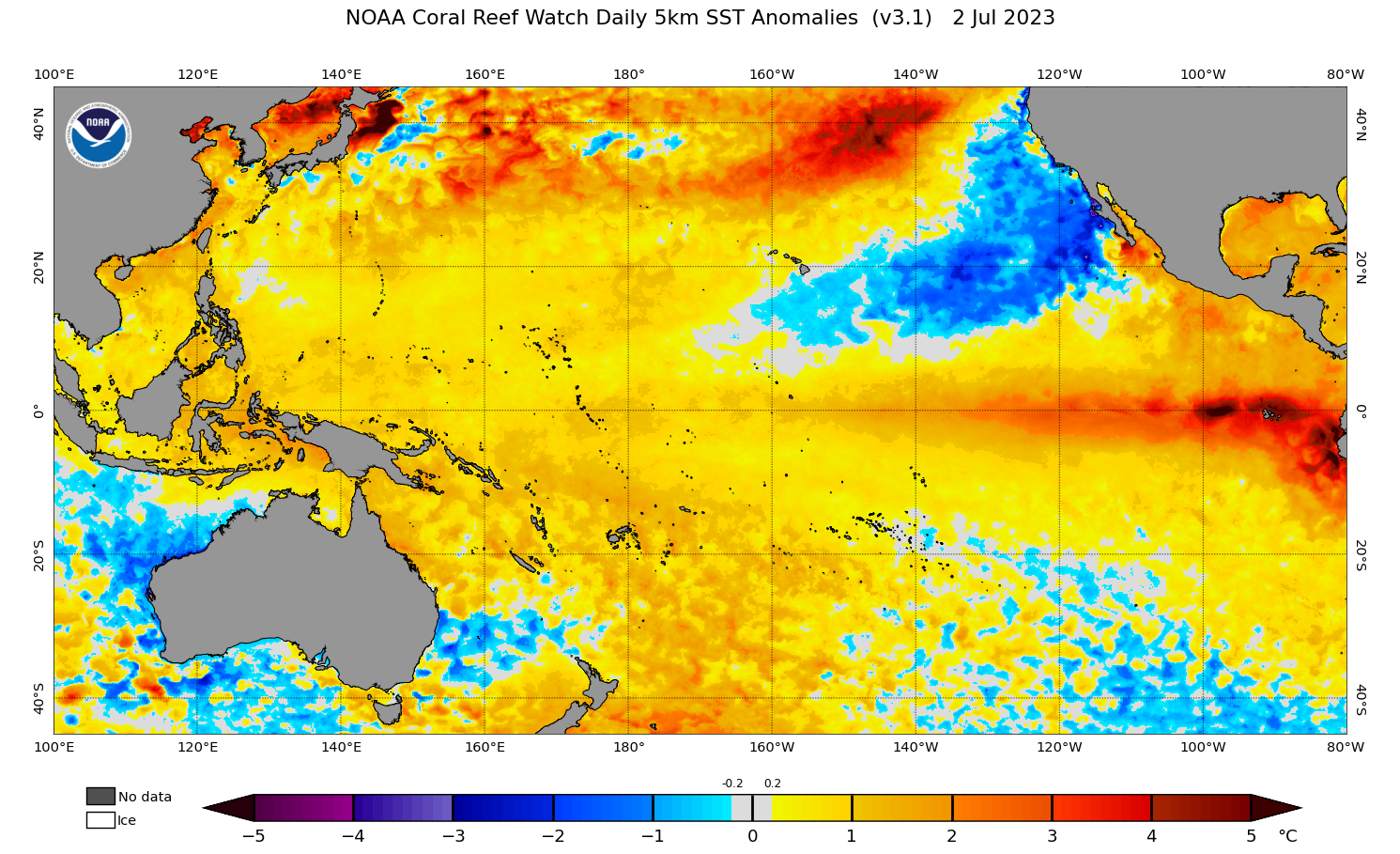 A heat map showing warming across the eastern Pacific