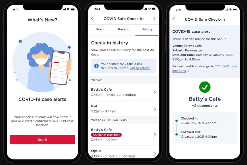 Three screenshots showing COVID-19 case alerts on the Service NSW app.