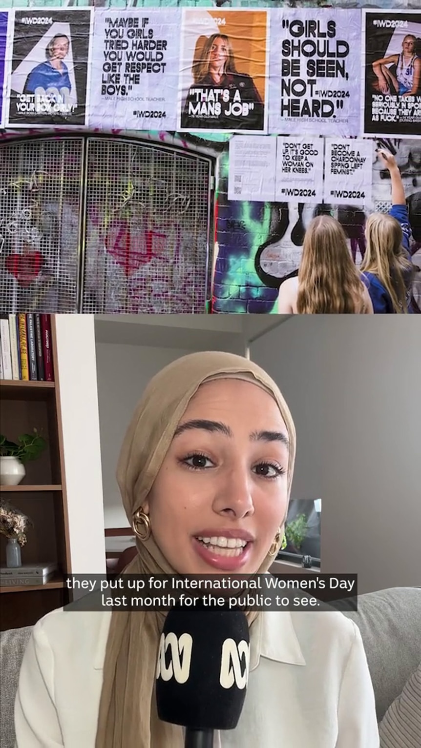 Composite image shows street art on brick wall and young woman wearing hijab with ABC-branded  microphone