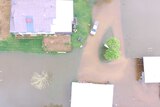 An aerial view of a flooded property in Forbes.
