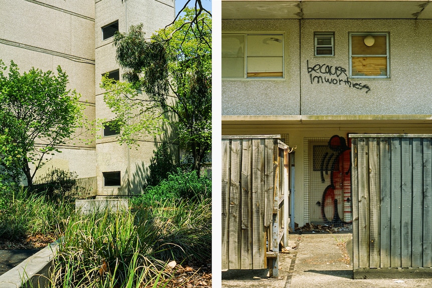 You view a diptych of the same post-war public housing estate, with graffiti reading 'because I'm worthless'