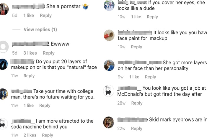 Screenshots of cruel comments from Instagram users as part of a RoastMe challenge