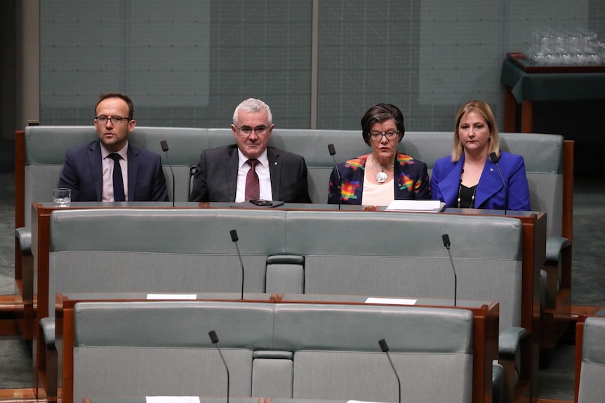 The four MPs are looking glum. They are sitting on the same row.