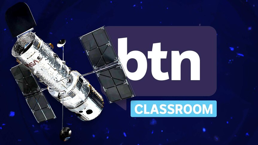 Hubble Telescope orbits in space with the BTN logo in the background.