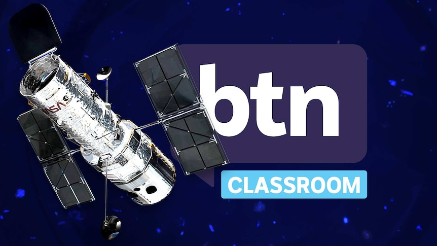 Hubble Telescope orbits in space with the BTN logo in the background.