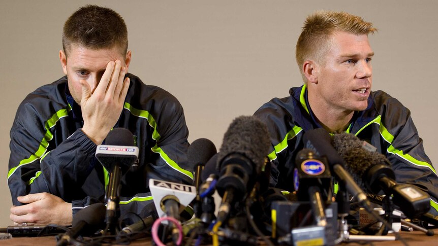 David Warner and Michael Clarke address the media