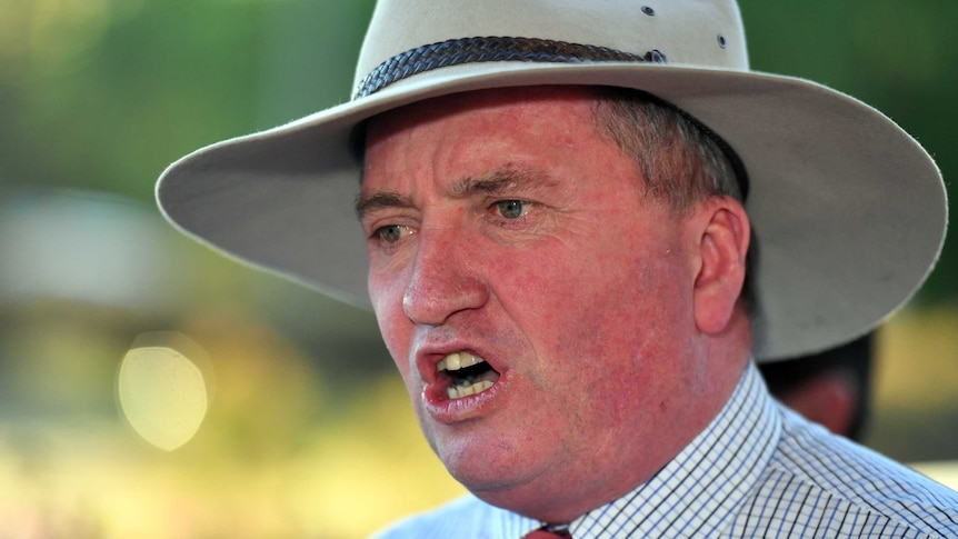 A close up of Barnaby Joyce speaking he is wearing a grey brimmed hat