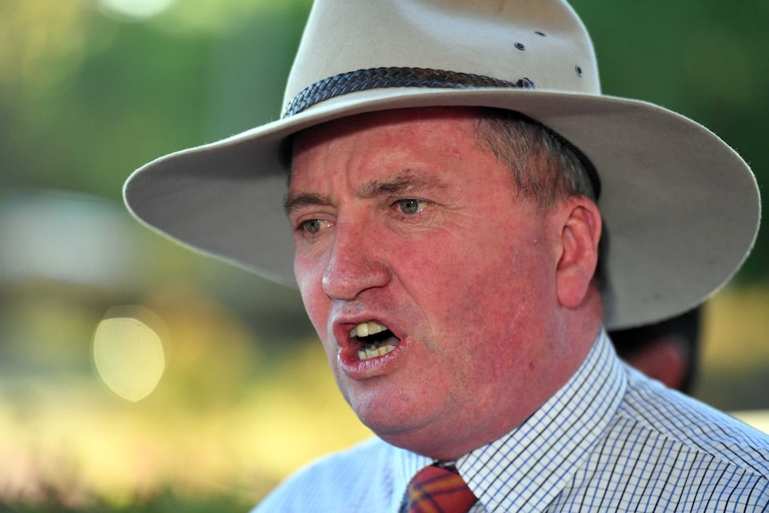 A close up of Barnaby Joyce speaking he is wearing a grey brimmed hat