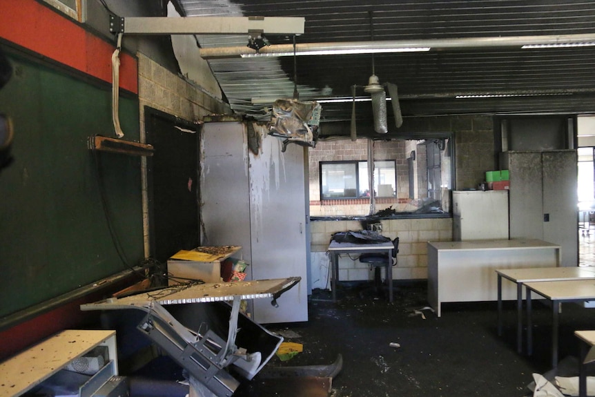 A year 2 classroom damaged in a fire.