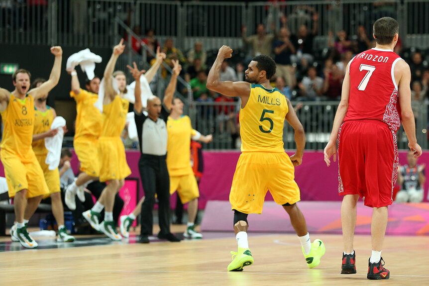 Game-winner...again: Patty Mills celebrates his three-pointer at the death.