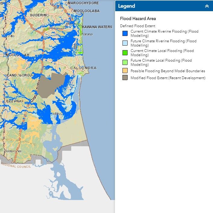 map areas of the sunshine coast with sections that flood marked in blue, some areas are greyed out