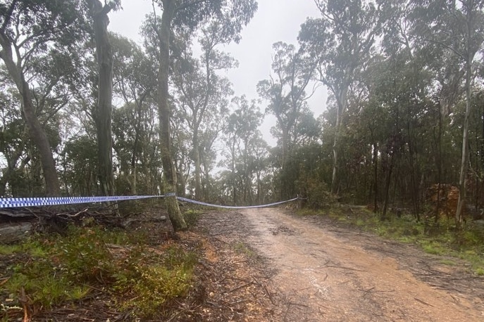 Some police tape is hung between trees on a wet, muddy unsealed road