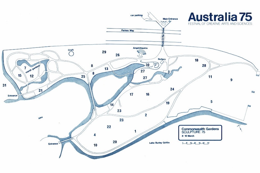 A map from Sculpture 75 lists Flugelman's work on the far left as number 31.